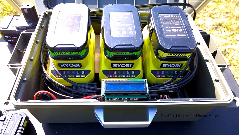Charging 3 18v Ryobi batteries directly from 2 100 watt solar panels in a field test