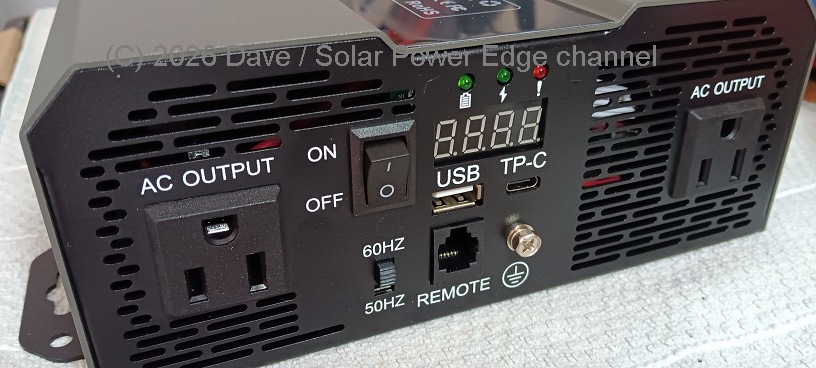 Business end of the inverter: 2x AC, USB-A/C Remote, Frequency, LED display